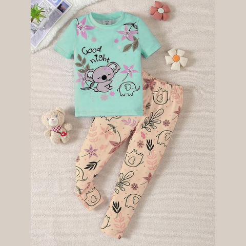 Sea Green Good Night Floral Bear Printed Kids Suit