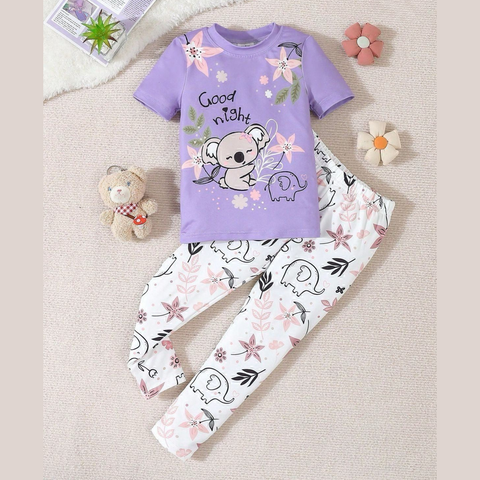 Lilac Good Night Floral Bear Printed Kids Suit