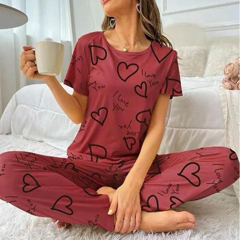Maroon Heart Printed Night Suit
