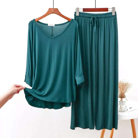 Plain Green V Neck T shirt with Green Palazzo Pajama Night Suit