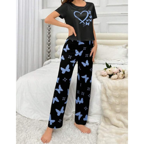 Black With Blue Butterflies Heart Printed T-shirt And Butterflies Printed Trouser Suit (SP-34)