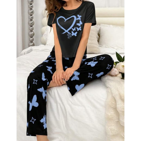 Black With Blue Butterflies Heart Printed T-shirt And Butterflies Printed Trouser Suit (SP-34)