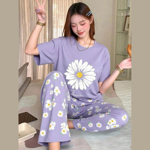 Lilac Sun Flowers Printed Half Sleeves Night Suit The Ultimate Dream Wear Sleep Suit
