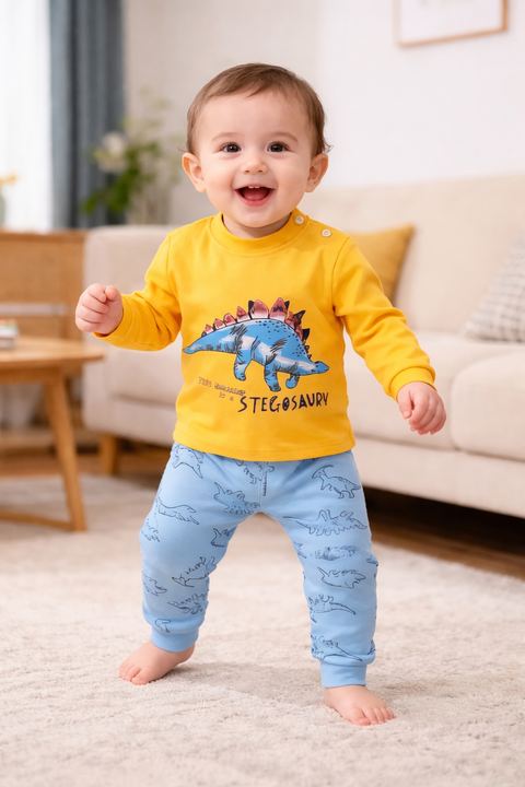 Yellow with Blue Dinosour Printed Kids Suit