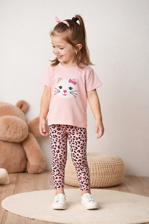 Pink Cute Kitty Printed Kids Suit