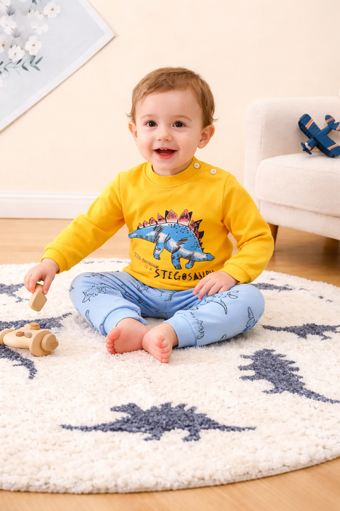 Yellow with Blue Dinosour Printed Kids Suit