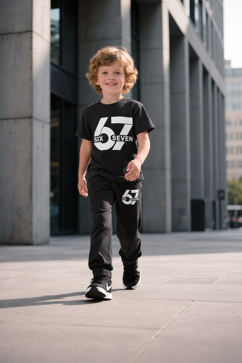 Child wearing a black t-shirt and pants with '67' logo in an urban setting