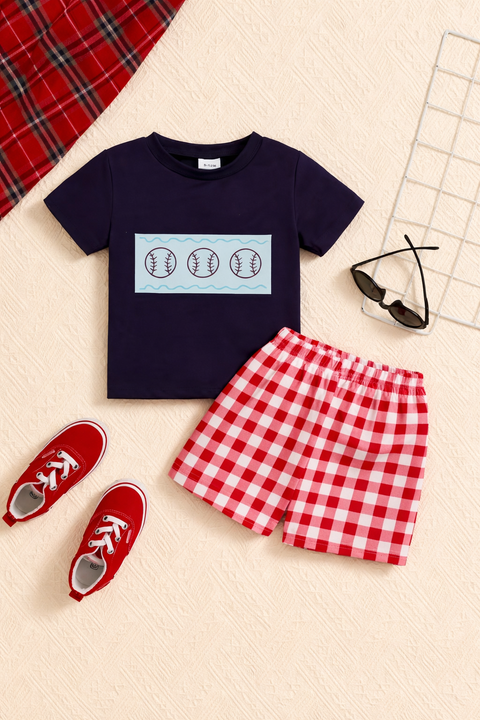 Boys Navy Graphic T-Shirt with Red Checkered Shorts