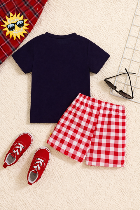 Boys Navy Graphic T-Shirt with Red Checkered Shorts