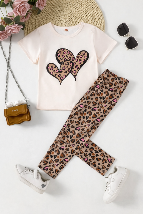 Off White Half Sleeves Cheeta Heart Printed  T-Shirt With Cheeta Pajama Kids Suit
