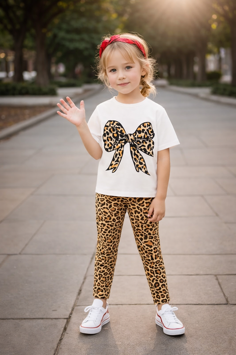 Off White Half Sleeves Cheeta BOW Printed T-shirt With Cheeta Pajama Kids Suit