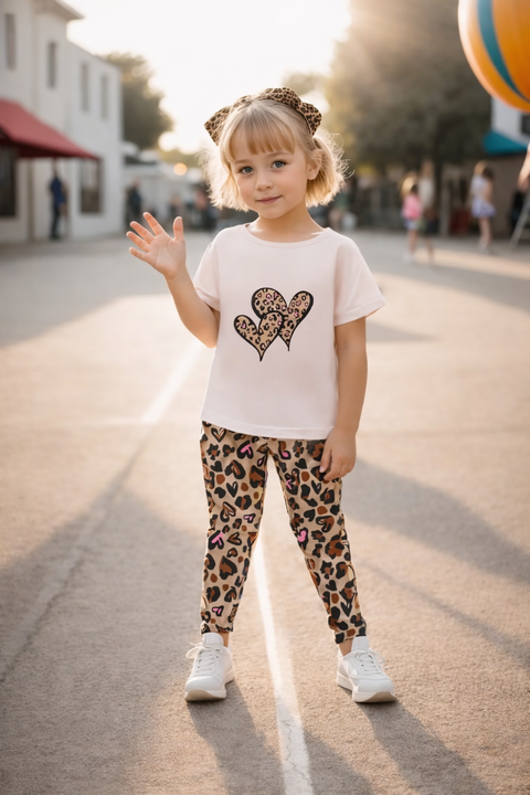 Off White Half Sleeves Cheeta Heart Printed  T-Shirt With Cheeta Pajama Kids Suit