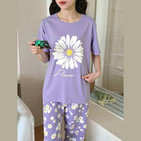 Lilac Sun Flowers Printed Half Sleeves Night Suit The Ultimate Dream Wear Sleep Suit