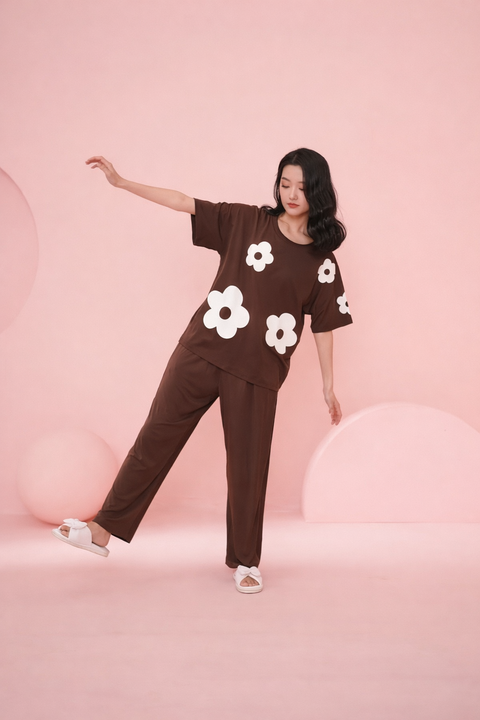 Brown Daisy White Flower Printed Night Suit