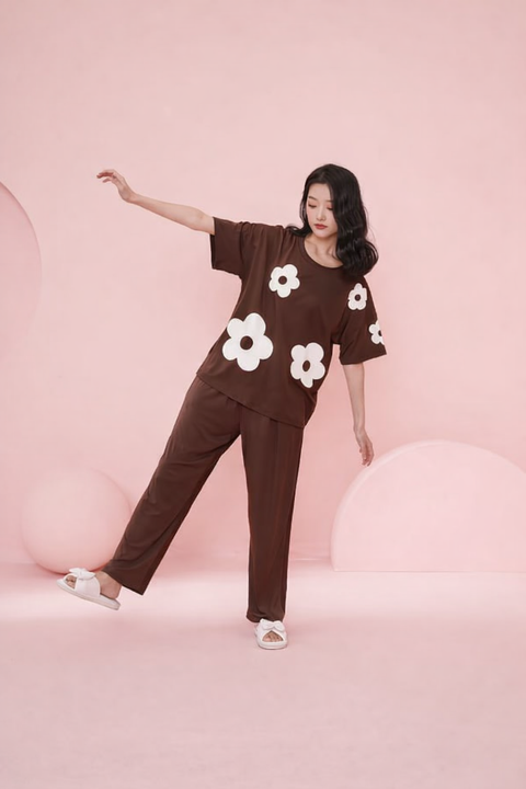 Brown Daisy White Flower Printed Night Suit