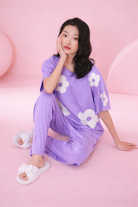Lilac Daisy White Flower Printed Night Suit