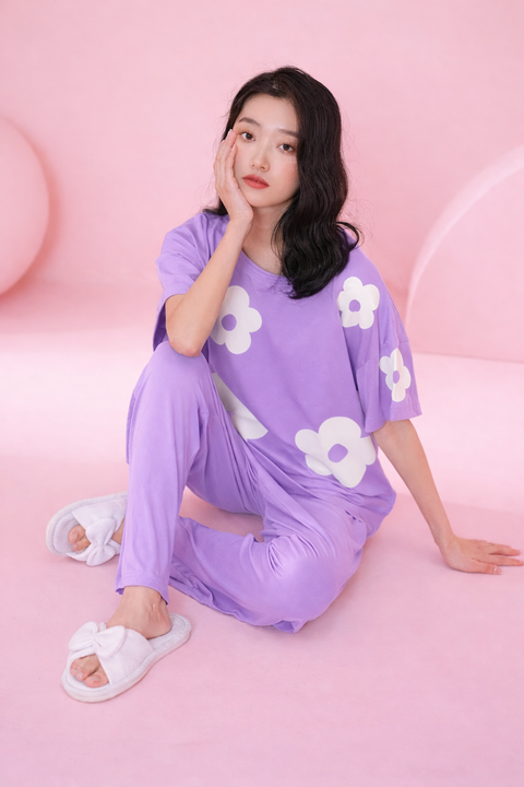 Lilac Daisy White Flower Printed Night Suit