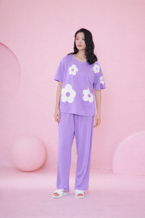 Lilac Daisy White Flower Printed Night Suit