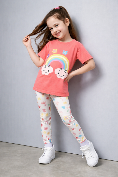 Girls Peach Rainbow T-Shirt with Floral Trouser