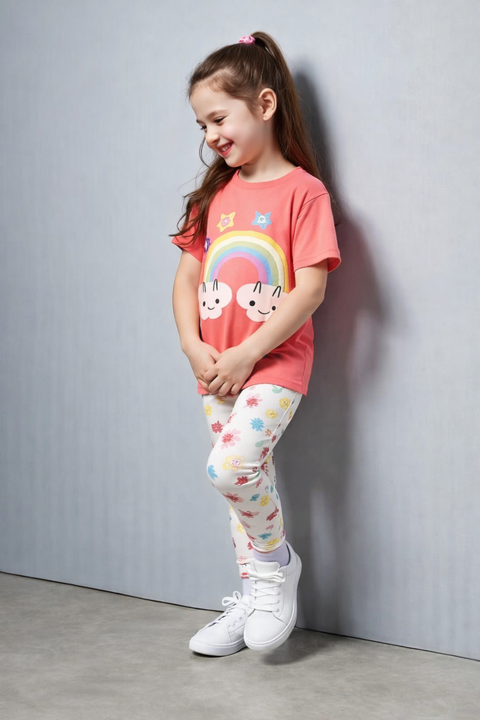 Girls Peach Rainbow T-Shirt with Floral Trouser