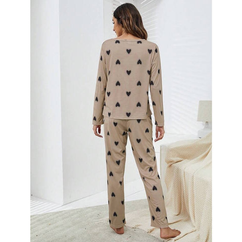 Beige with black hearts Printed Full Sleeves The Ultimate Dream Wear Sleep Suit