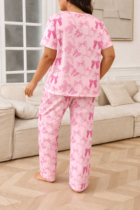 Pink All Over Bow Half Sleeves Printed Night Suit