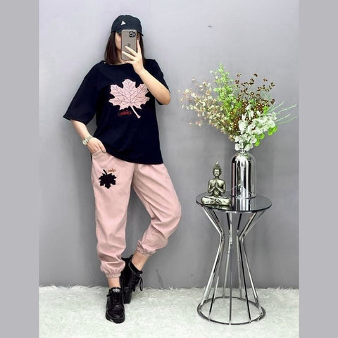 Pink Leaf Printed Night Suit