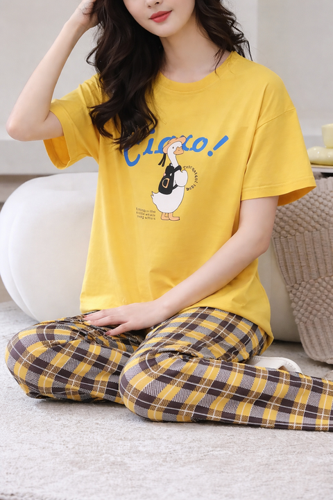 Yellow Cute Duck Printed Half Sleeves T-Shirt With Check Pajama Night Suit