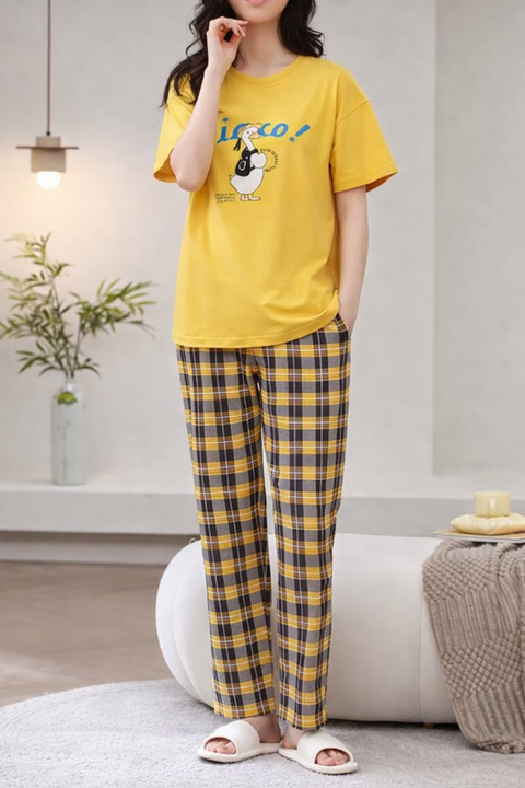 Yellow Cute Duck Printed Half Sleeves T-Shirt With Check Pajama Night Suit