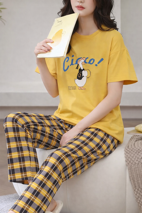 Yellow Cute Duck Printed Half Sleeves T-Shirt With Check Pajama Night Suit