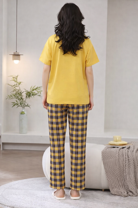Yellow Cute Duck Printed Half Sleeves T-Shirt With Check Pajama Night Suit