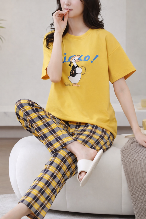 Yellow Cute Duck Printed Half Sleeves T-Shirt With Check Pajama Night Suit