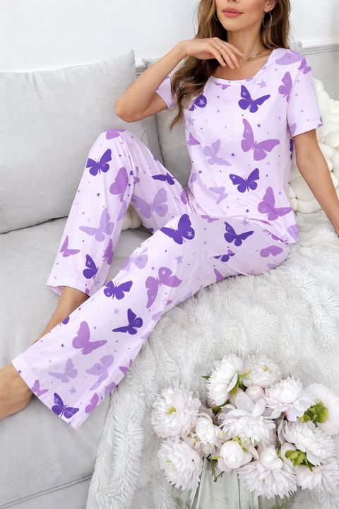 Purple All Over Butterflies Printed half sleeves night suit