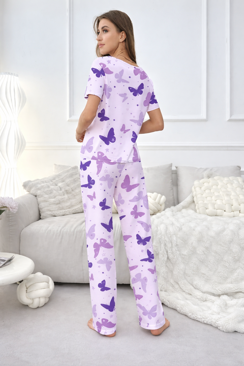 Purple All Over Butterflies Printed half sleeves night suit