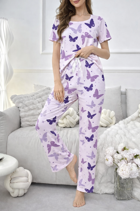 Purple All Over Butterflies Printed half sleeves night suit