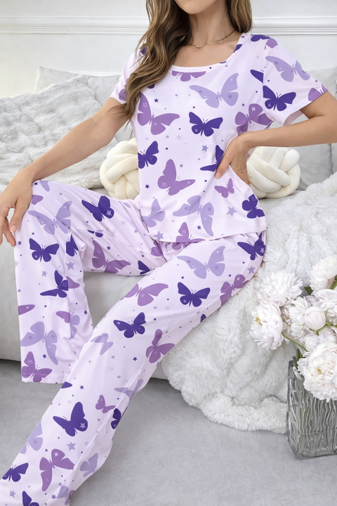 Purple All Over Butterflies Printed half sleeves night suit