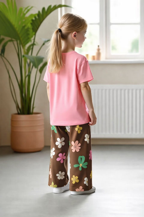 Pink Flower With Brown Floral Trouser Printed Kids Suit