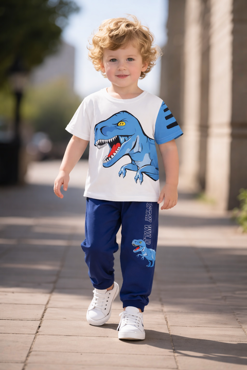 White With Blue Big Dino Kids Suit