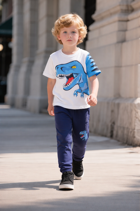 White With Blue Big Dino Kids Suit
