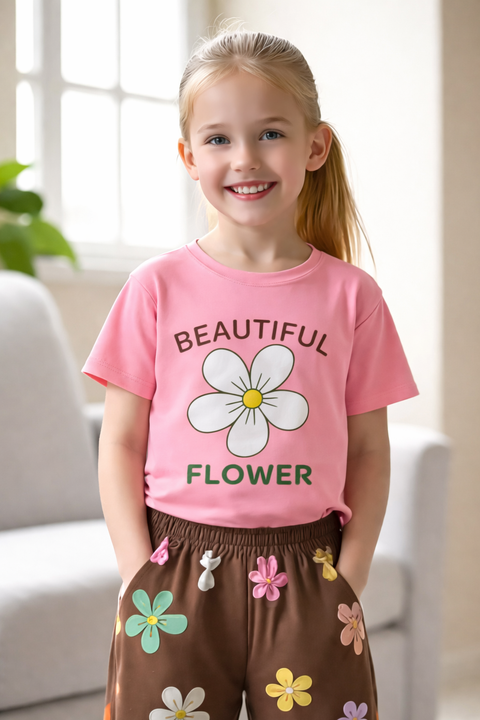 Pink Flower With Brown Floral Trouser Printed Kids Suit