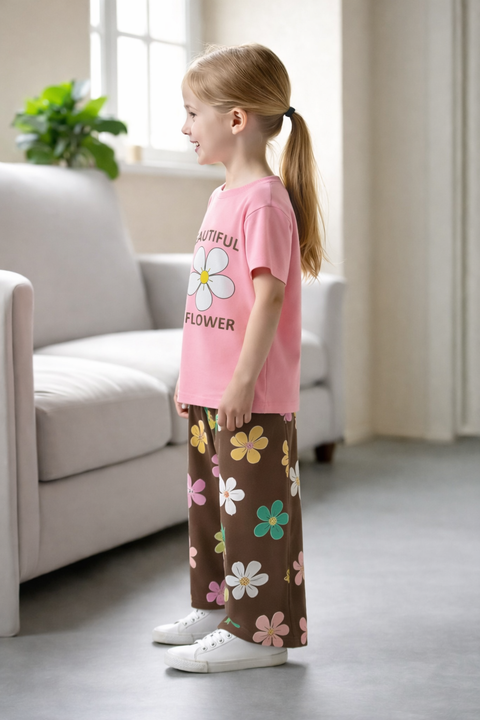 Pink Flower With Brown Floral Trouser Printed Kids Suit