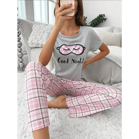 Grey good night Half Sleeves with pink check trouser The Ultimate Dream Wear Sleep Suit