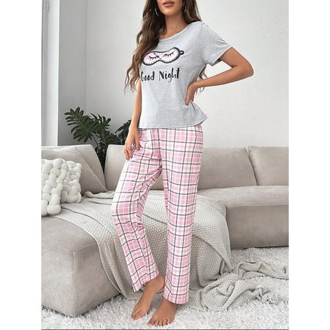 Grey good night Half Sleeves with pink check trouser The Ultimate Dream Wear Sleep Suit