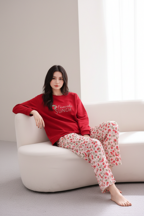 Red with Floral Trouser Printed Full Sleeve Night Suit