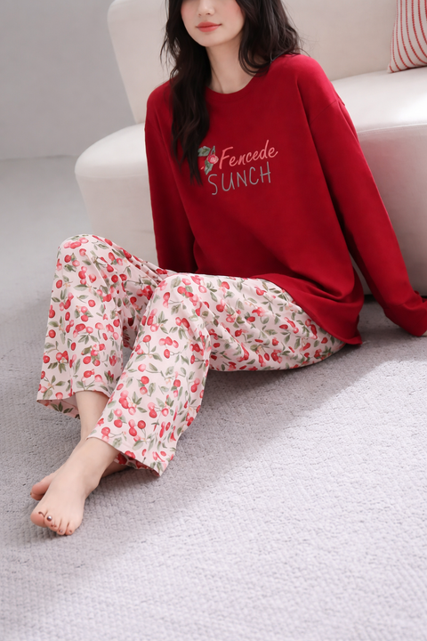 Red with Floral Trouser Printed Full Sleeve Night Suit
