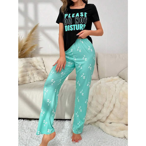 Black Please Do Not Disturb Printed Half Sleeves T-shirt With Printed Trouser Suit (SP-36)