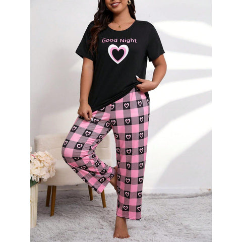 Black Good Night Print Half Sleeves With Hearts Check Trouser The Ultimate Dream Wear Sleep Suit