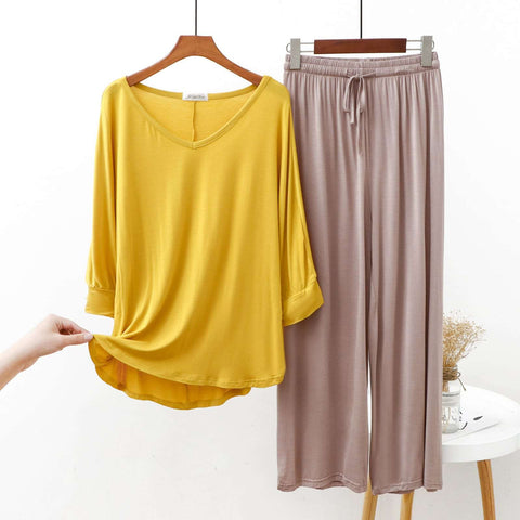 Plain Yellow V neck with Skin Palazzo Style Pajama Full Sleeves Suit