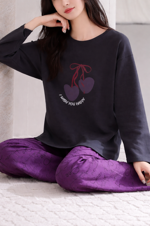 Black Wish You Happy Printed Full Sleeve Night Suit