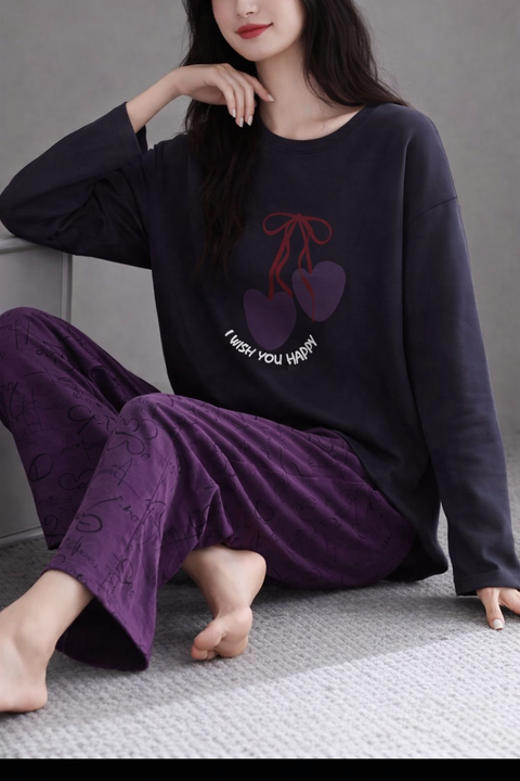 Black Wish You Happy Printed Full Sleeve Night Suit